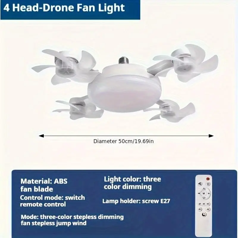 Multifunctional Drone-Style Dual Fan LED Ceiling Fan Light, 2-In-1 LED Lantern Fan Bulb, 3 Adjustable Speeds, Wireless Remote, Aaa Batteries