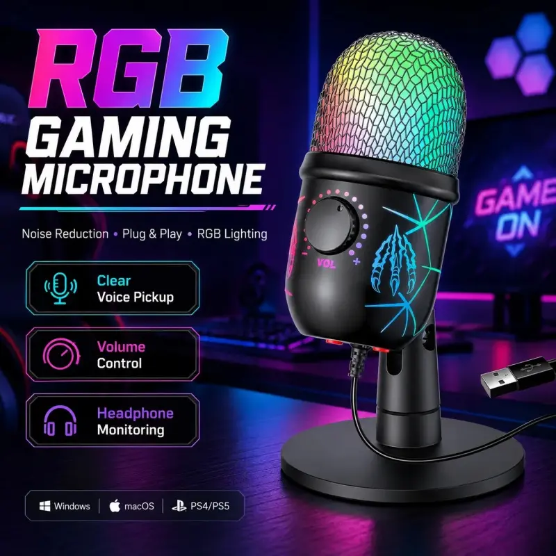 Game Microphone with Noise Reduction, USB Computer Mic with LED Light, USB Gaming Mic, Plug and Play, Compatible with PC, Phone, MAC, Ps4/5, Condenser Mic for Recording, Youtube, Live Streaming