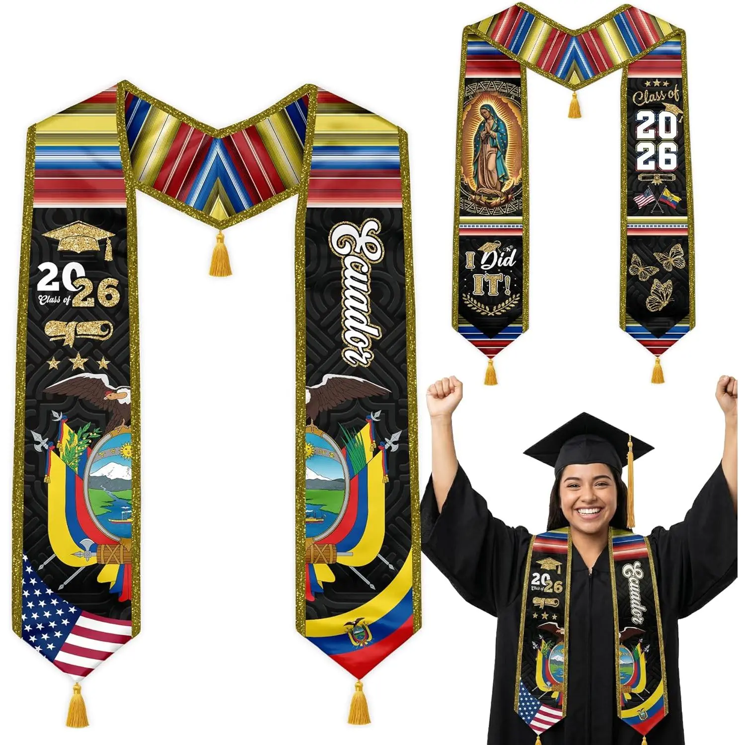 Graduation Stole Class of 2026 Reversible Sash with Gold Glitter Trim and Tassels V-Neck 72 Inch