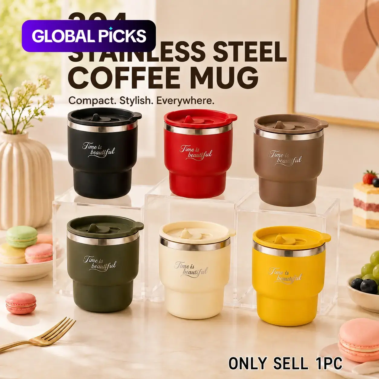 1PC 304 Stainless Steel Mug with Lid & Handle, Double-Wall Durable Portable Coffee Cup for Coffee, Tea, Milk, Hot or Cold Drinks, Stylish Drinking Cup for Home, Office, Reading, Commuting, Travel & Camping, Practical Gift for Men & Women #GLOBAL PICKS