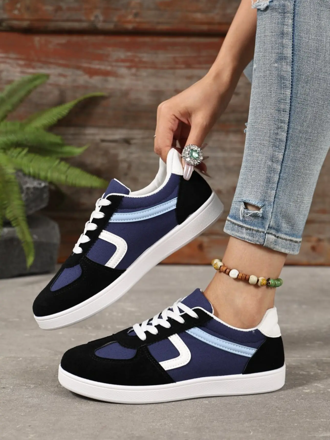 Women's Low Top Sneakers, Colorblock Fabric and Suede, Lightweight Flat Sole, Casual Campus Shoes, All Seasons, Comfortable and Stylish