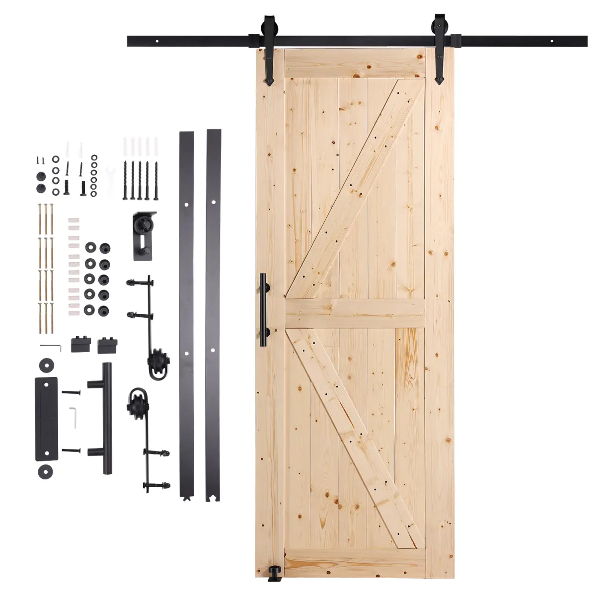Barn Door and Hardware Kit, 30" x 84" Wood Sliding Barn Door, Smoothly and Quietly, Barn Door Kit with 8-in-1 Floor Guide and Door Handle, Spruce Wood Panelled Slab, Easy to Install