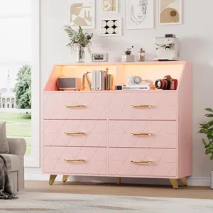 Modern Wooden Drawer Dresser Cabinet - 6-Drawer Furniture Organizer with Charging Station, LED TV Stand for Bedroom, Living Room