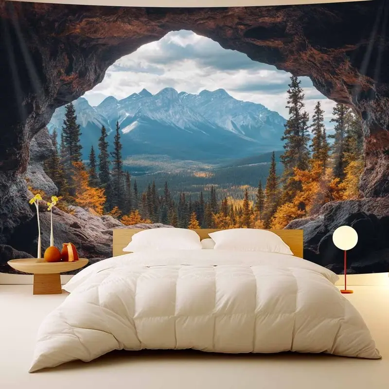 Autumn Cave Landscape Tapestry, Nature Scenery Wall Hanging. Ideal for Bedroom, Living Room, Dorm, Party Backdrop & Holiday Gifts. Multiple Sizes Available, Comes with Free Hooks. Outdoor Style Room Tapestry