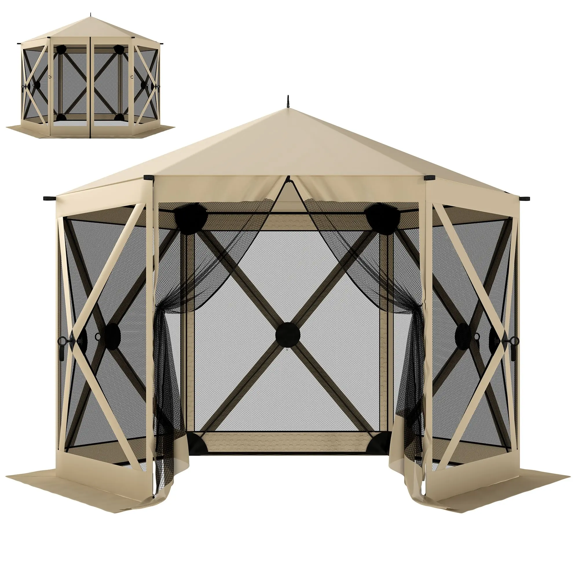 10 x 11 ft Pop Up Gazebo Screen Tent, Portable Instant Camping Canopy Screen House with Nettings, Carry Bag, Beige/Dark Green