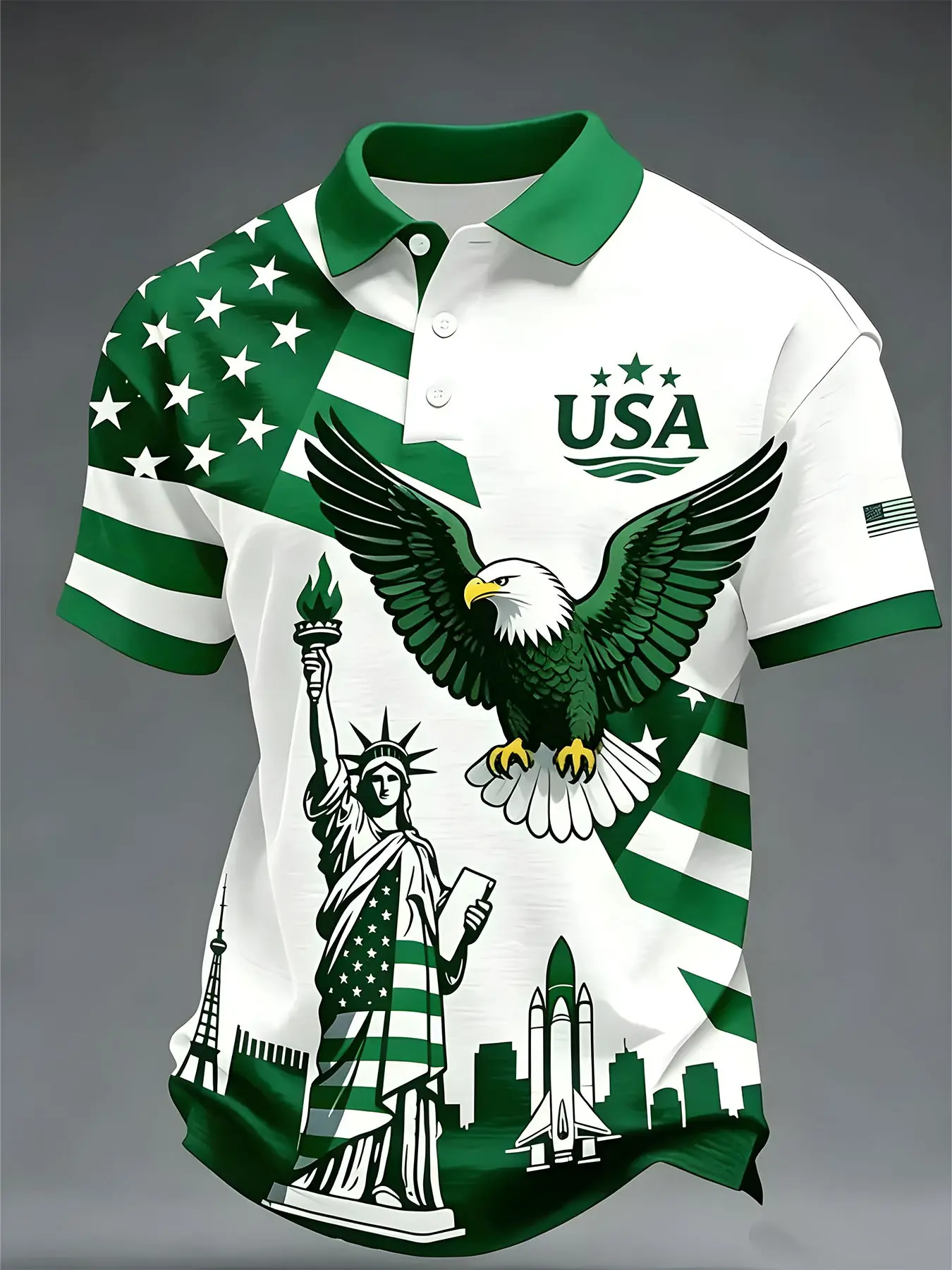 American Independence Day Theme Men's Patriotic Printed Polo Shirt, Short Sleeve, Liberty Statue Eagle Space Flag Print, Breathable Business Casual Fitness Top