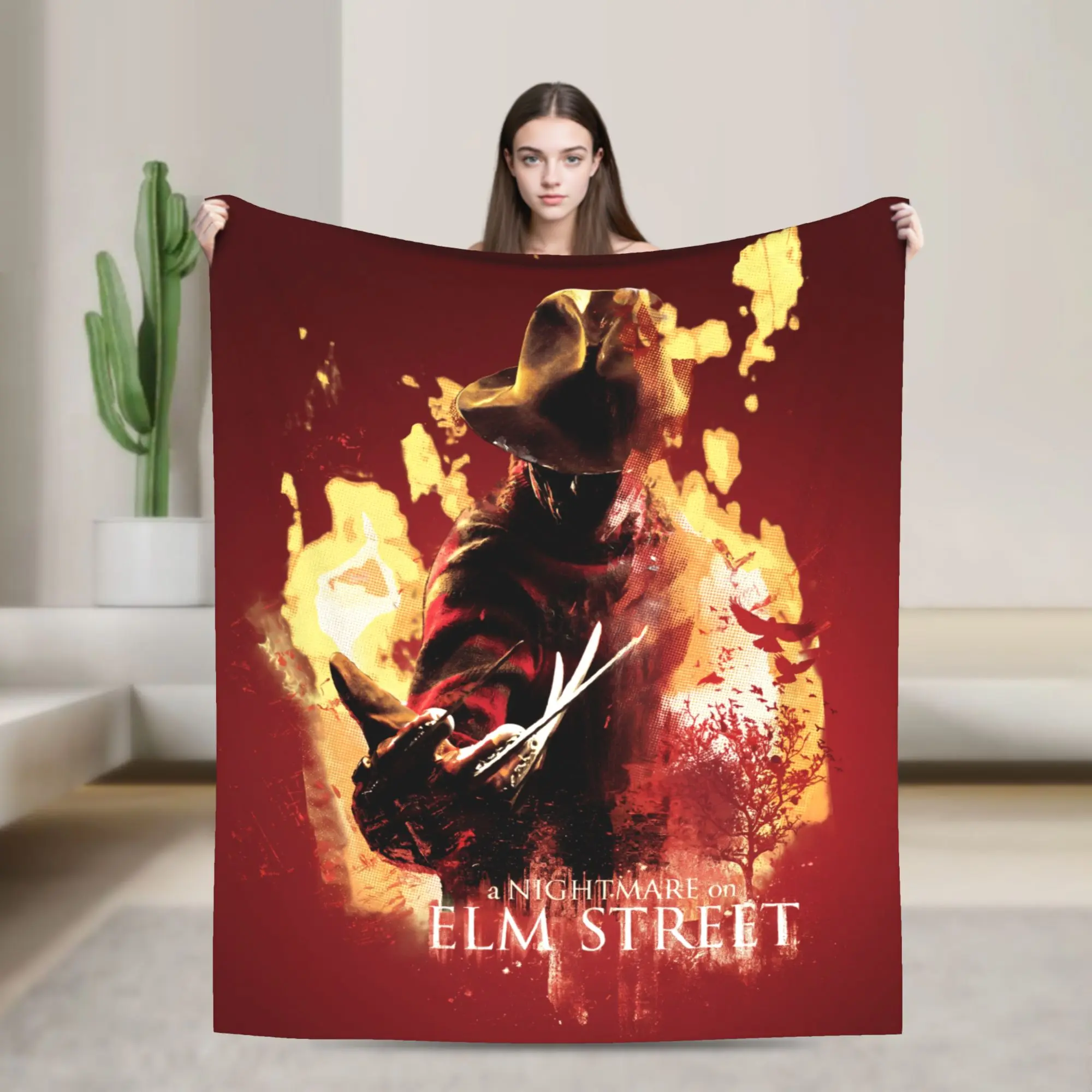 Freddy Krueger A Nightmare on Elm Street Fleece Throw Blanket, Flame Horror Movie Poster Cozy Flannel Blanket, Soft Lightweight Blanket for Sofa Bed Bedroom, Horror Fan Gift