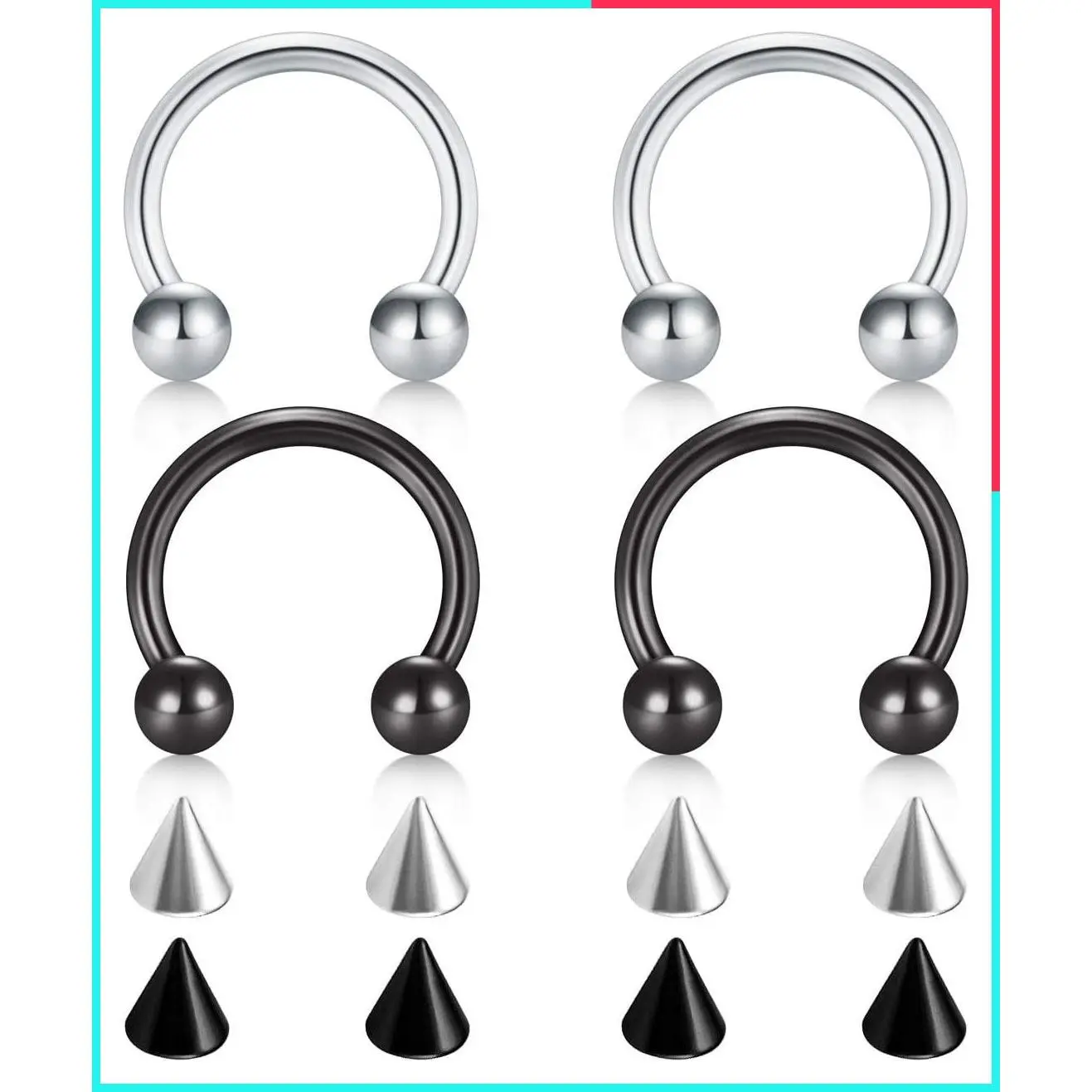 22G-00G Surgical Steel Piercing Ring Set: Nose Septum Horseshoe Hoop, Eyebrow, Lip, Navel, Nipple, Helix, Tragus, Daith, Rook, Captive Earrings with Spikes