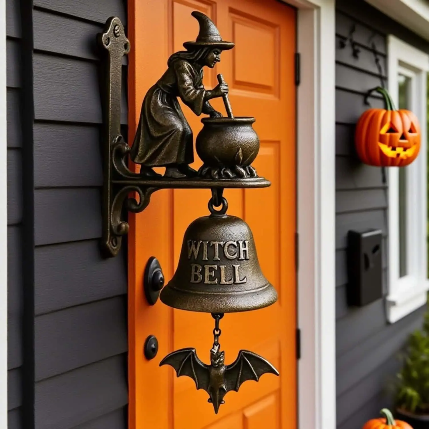 Vintage Resin Witch Bell Wall-Mounted Decorative Doorbell - Gothic Resin Craft with Witch Motif, Bat Pendant, Halloween Outdoor Decor for Front Door Entryway