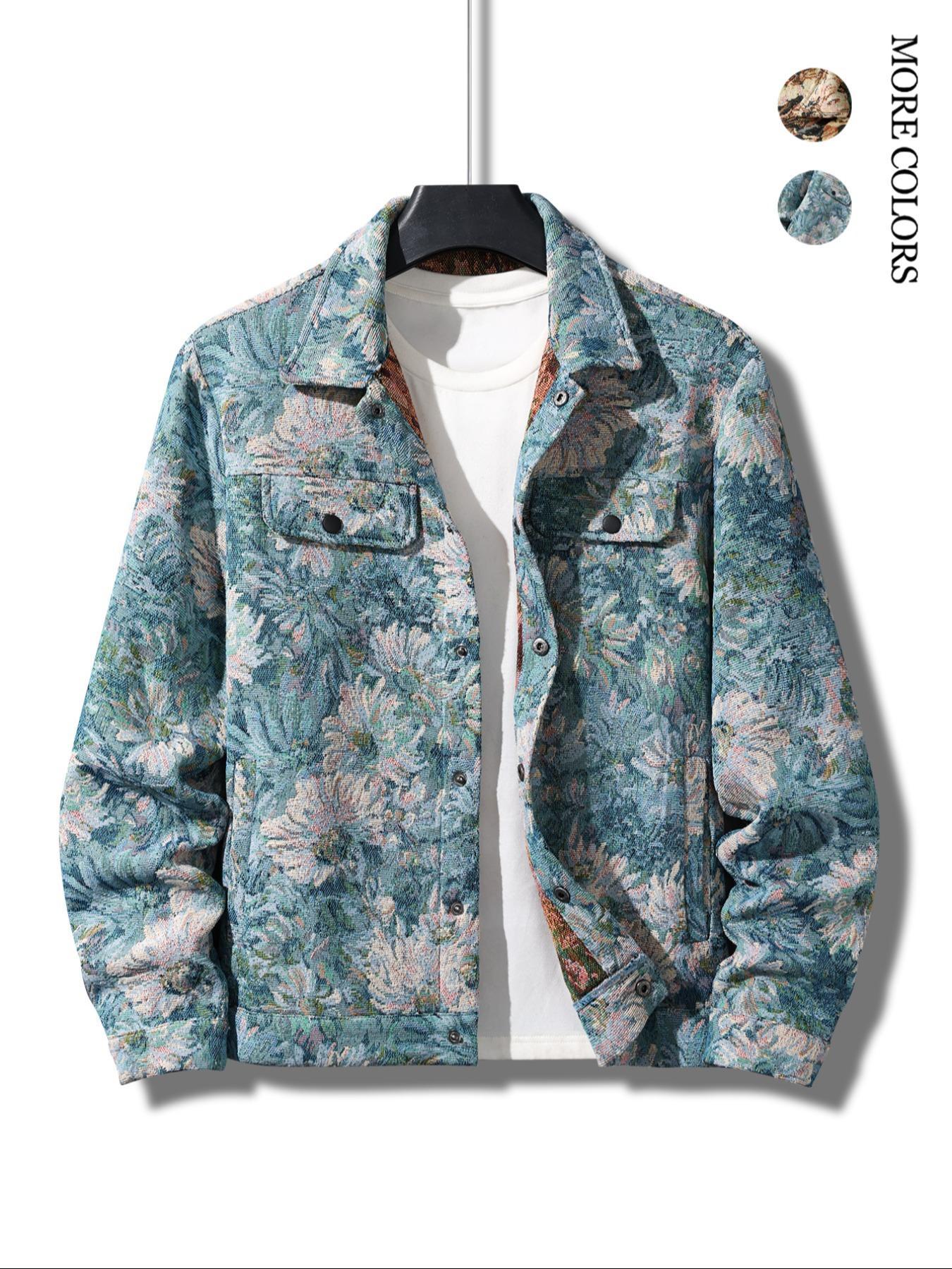 Men's Floral Print Button Front Jacket, Coats, Regular Fit Casual Long Sleeve Collared Outerwear for Fall & Winter, Men's Clothes for Daily Wear