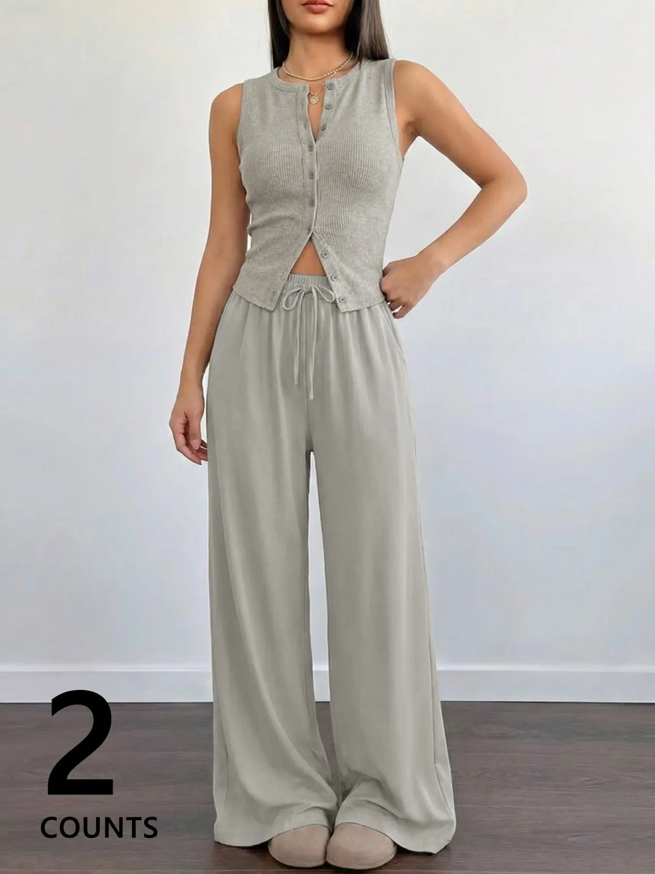 Women Vintage Retro 90s Y2K Coquette Co‑ords Matching Sets 2 Counts 2 Piece Outfit Button Front Sleeveless Ribbed Knit Vest & Drawstring Elastic Waist Wide Leg Pants Soft Casual Loungewear Sets for Women