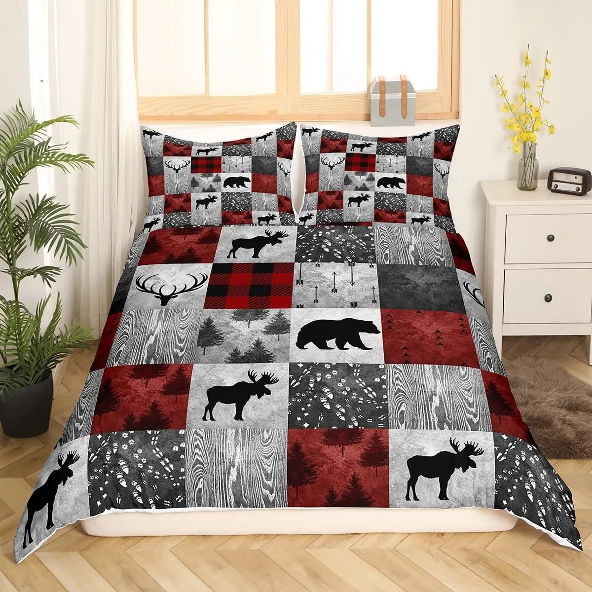 Erosebridal Vintage Christsmas Red Duvet Cover Cabin Decor,Merry Christams Deer Bedding Queen,Farm Style Wooden Hunting Themed Bed Sets,Vintage Country Xmas Quilt Cover 3pcs,no Comforter
