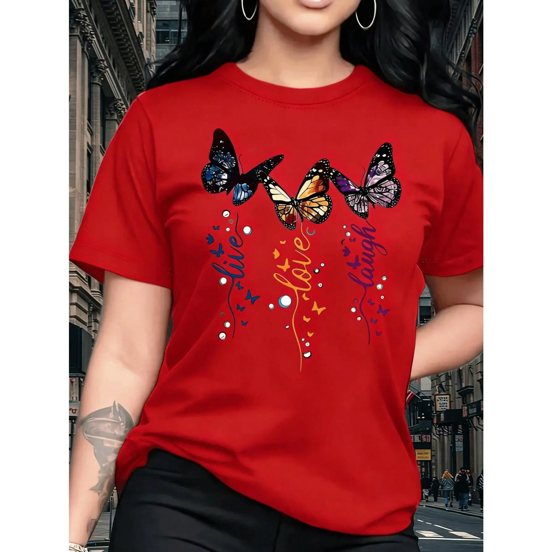Women's Short Sleeve T-Shirt, Dreamy Colorful Butterfly Pattern Print, Vintage Elegant Exquisite Cute Sexy Sweet Style Round Neck Top, Regular Fit, Women's Gift Birthday Gift, Commuting T-Shirt Party T-Shirt, Soft And Comfortable Fabric menswear cotton