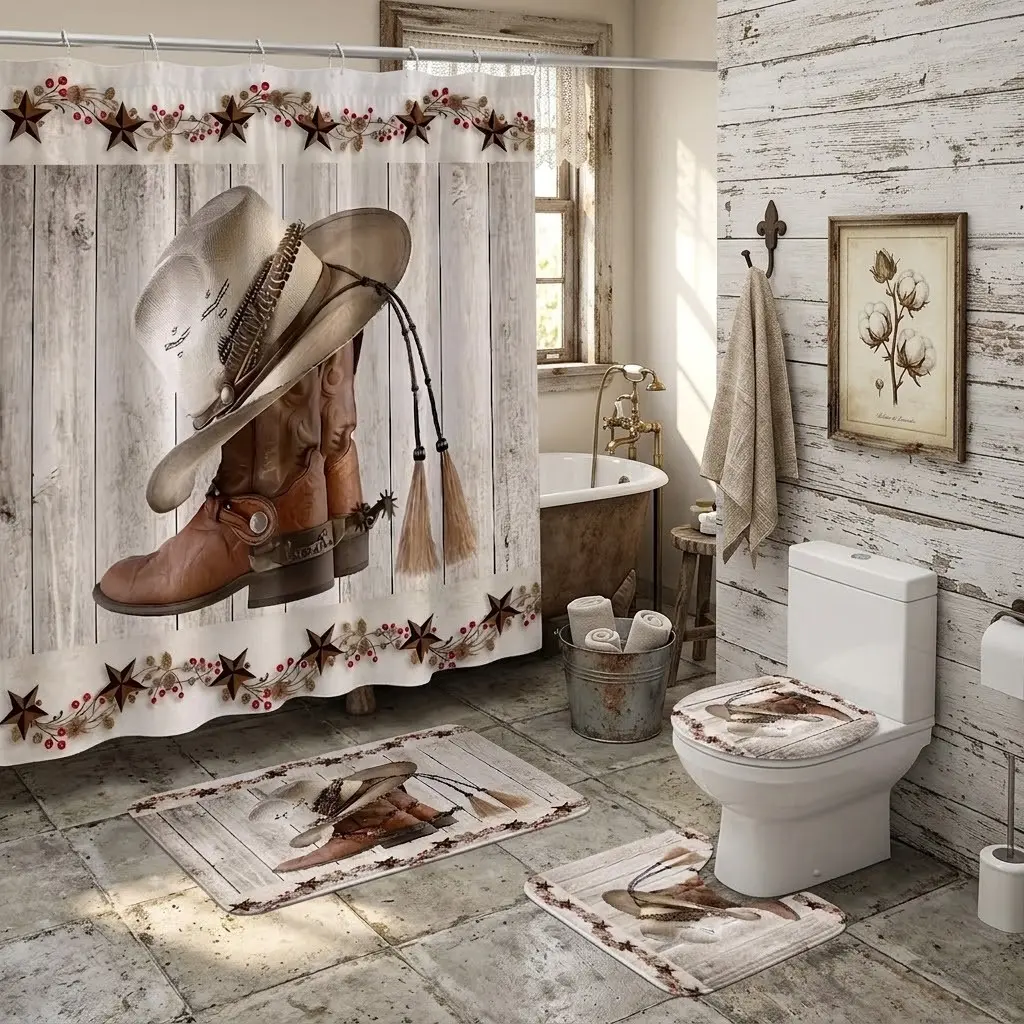 4pcs Vintage Wooden Board Cowboy Hat Boots Star Floral Border Western Print Shower Curtain Set, Rustic Country Bathroom Kit with Toilet Lid Cover & Matching Floor Mats,The floor mat fabric is thicker and softer!  Farmhouse Western Home Bathroom Decor