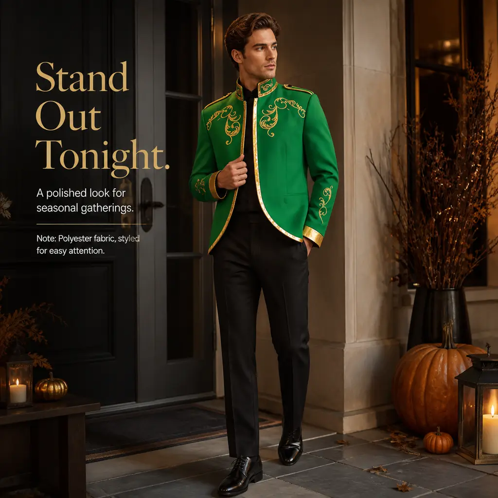 Men's Green Gold Embroidery Victorian Stand Collar Jacket - European Royal Prince Short Blazer, Medieval Noble Coat for Halloween Cosplay, Special Occasion Costume Top