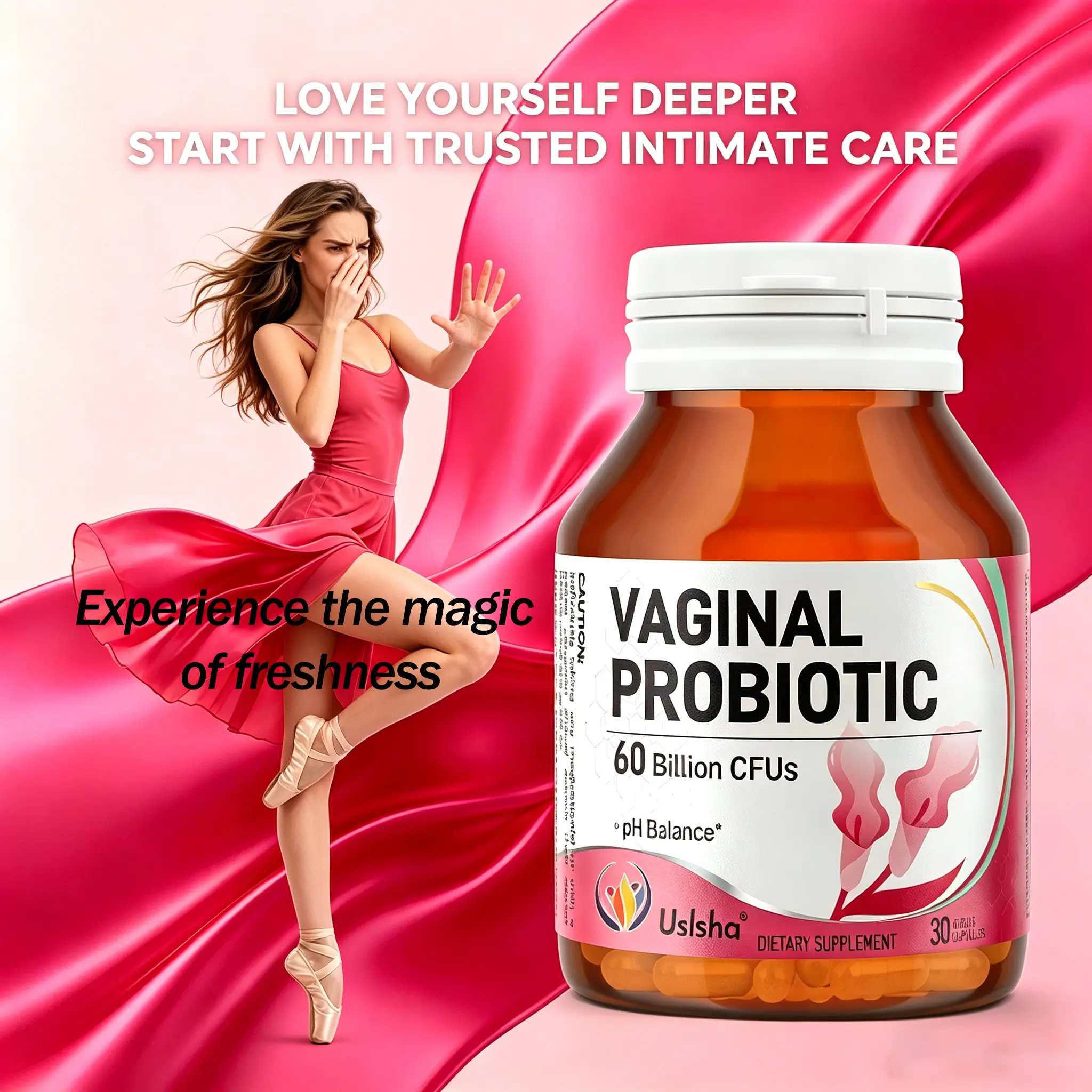 Uslsha Women's Feminine Wellness Probiotic Supplement - 60B CFU, 7 Probiotic Strains, Cranberry-Infused, Dairy-Free, Prop 65 Safe, 30 Capsules