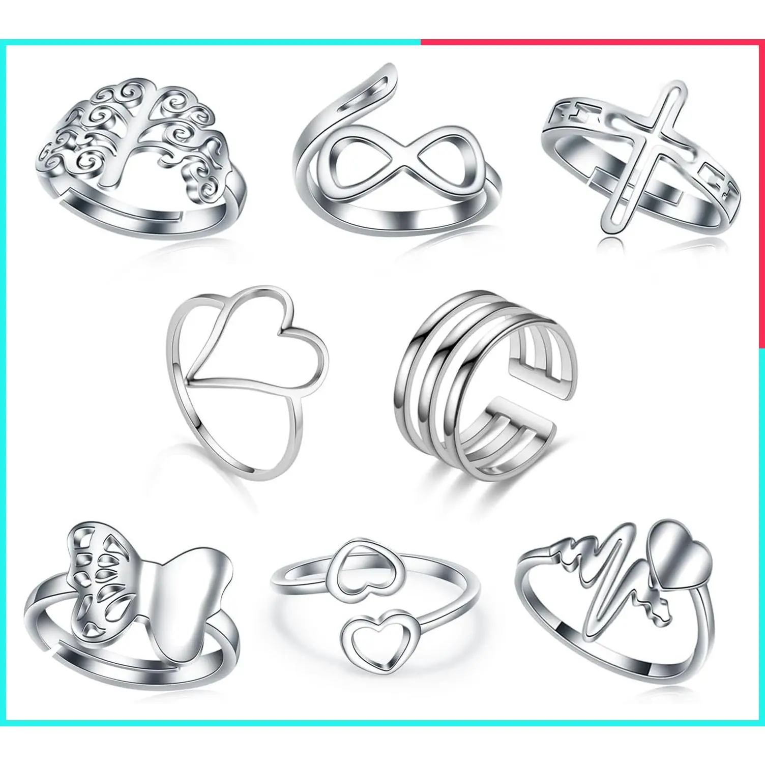 8 Pack Stainless Steel Stackable Rings Set for Women and Teen Girls, Silver Aesthetic Adjustable Knuckle Thumb Finger Rings, Sizes 7-10, Indie Jewelry
