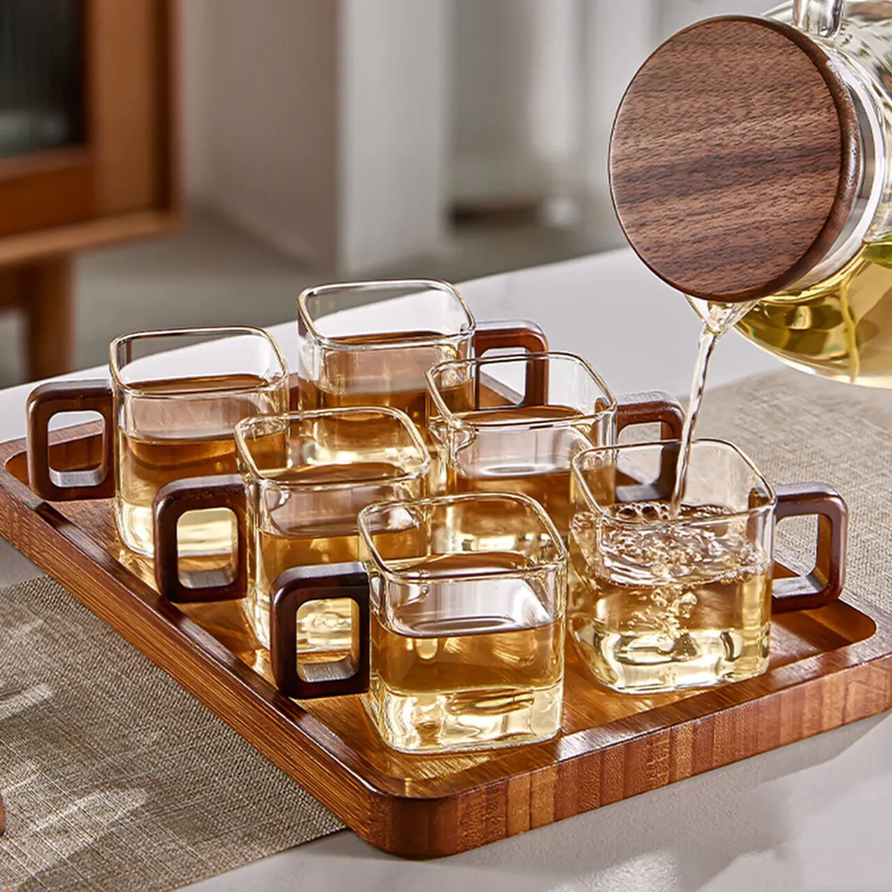 6-Piece Glass Tea Cup Set, Traditional Style Kung Fu Tea Set, Square Handles, Portable Japanese-Style Tea Cups, Perfect Gifts for Holidays