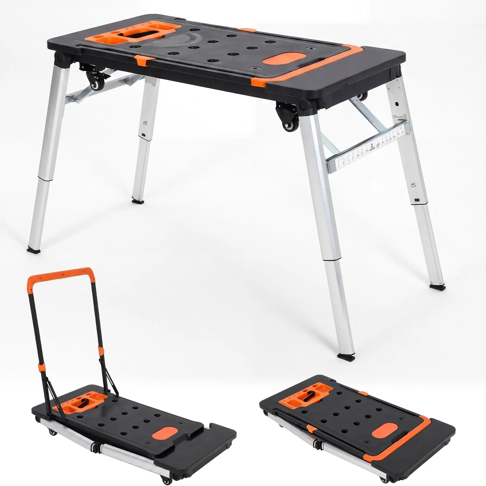7-in-1 Folding Workbench & Portable Rolling Table with Wheels - Converts to Sawhorse, Platform, Dolly, Hand Truck, Car Creeper - Heavy Duty Workstation for Garage, Workshop, Woodworking, DIY