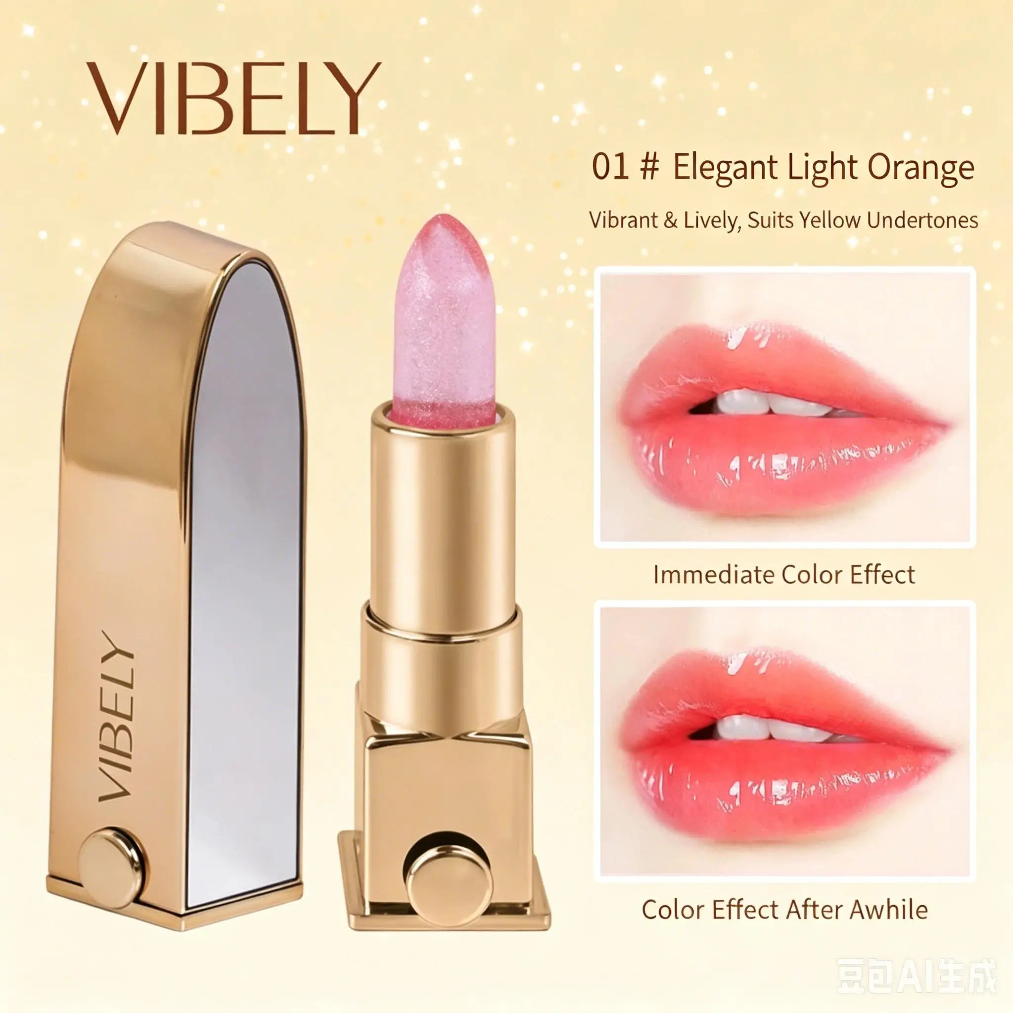 VIBELY Color Changing Glossy Lipstick with Shimmer Glitter, Nourishing Hydrating Lip Balm, Moisturizing Lip Care for Dry Lips, Daily Us