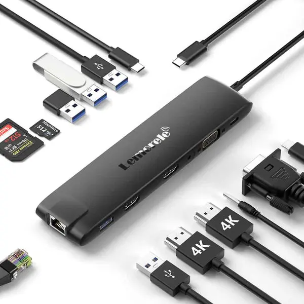 Lemorele TC96 13-in-1 USB-C Hub, Triple Display Support, Fast Charging for Laptops, Tablets, Phones, Gaming Setups with SD Card Reader