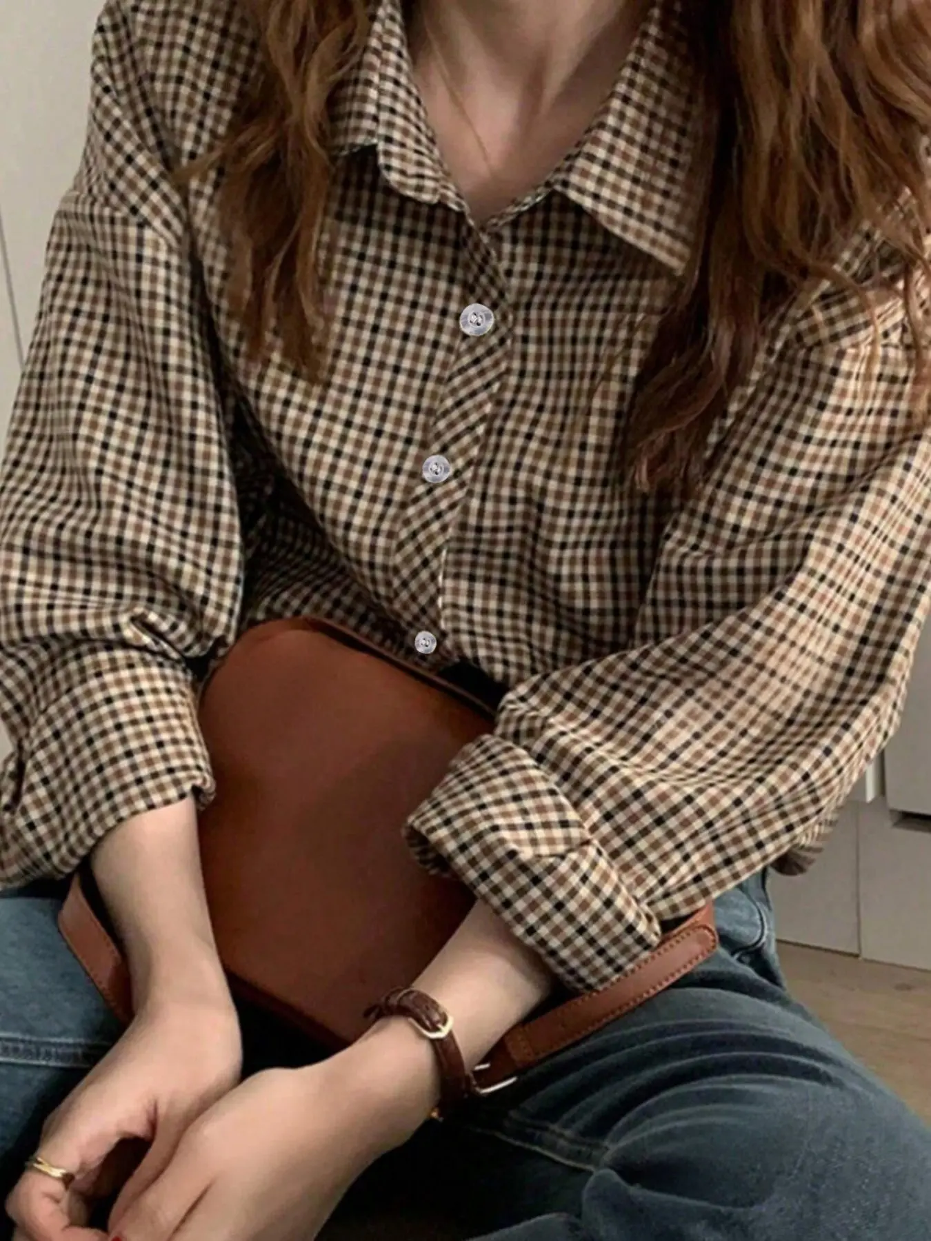 Women's Vintage Gingham Lapel Button Long Sleeve Blouse Shirt, Loose Fit, All Seasons, Casual Wear, Perfect for Fall