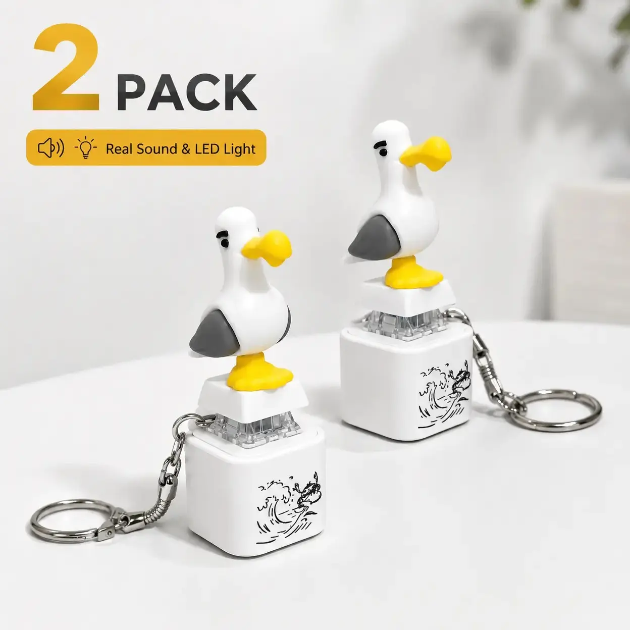 2-Pack Funky Seagull Keychain with 'MINE!' Sound Effect, Backlit LED Light, Funny Gifts Accessories for Birthday, Oddities Mini Gifts for Coworkers, Key Rings, Collectible Keychain, Friends, Cool Keychains