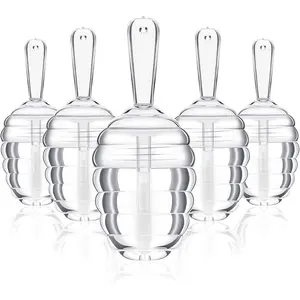 Mini transparent honey pot lip gloss bottles available in 5 & 30pcs, comes with filling funnel. Refillable plastic containers for DIY cosmetics and portable lip balm sample making.