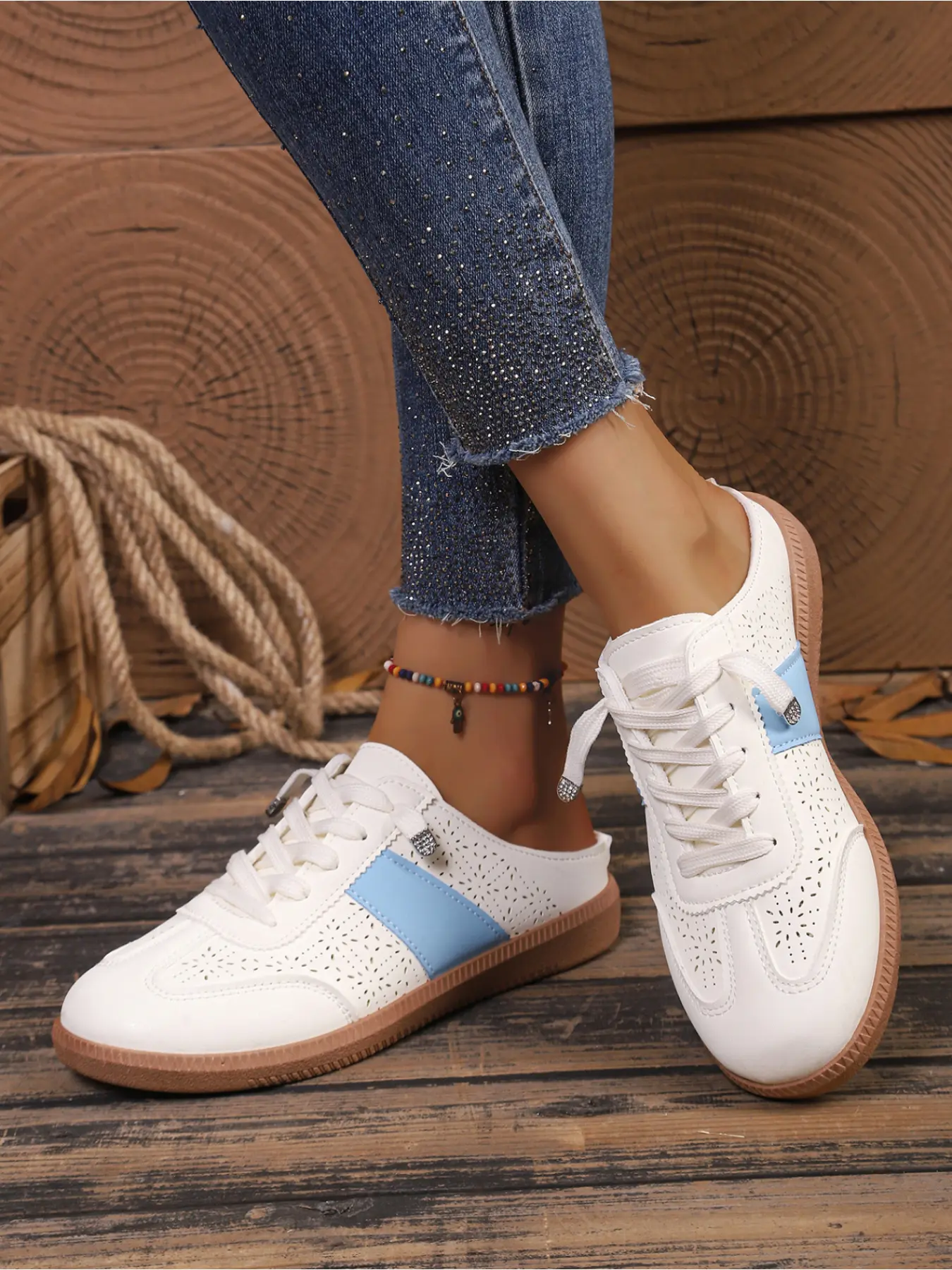 Women's Perforated Colorblock Slip-On Sneakers, No Laces, Backless Lazy Shoes, Retro Rubber Sole, Summer Casual Sandals, Footwear, Large Sizes Available, Casual Sneaker Flat
