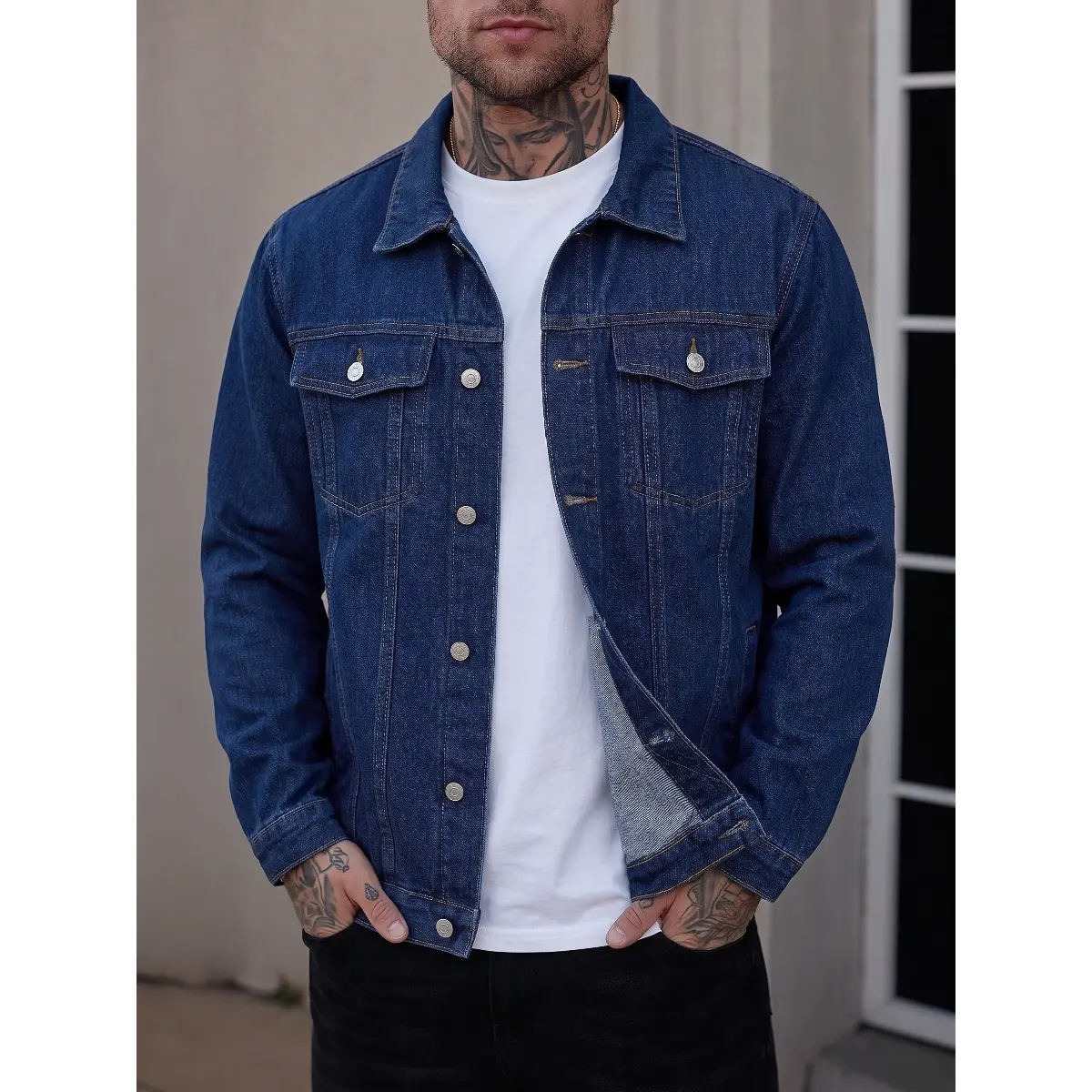 Men's Classic Dark Wash Denim Jacket, Traditional Trucker Style Button Front Coat with Pockets for Casual Wear and Easy Layering, Menswear, Fabric, Cargo