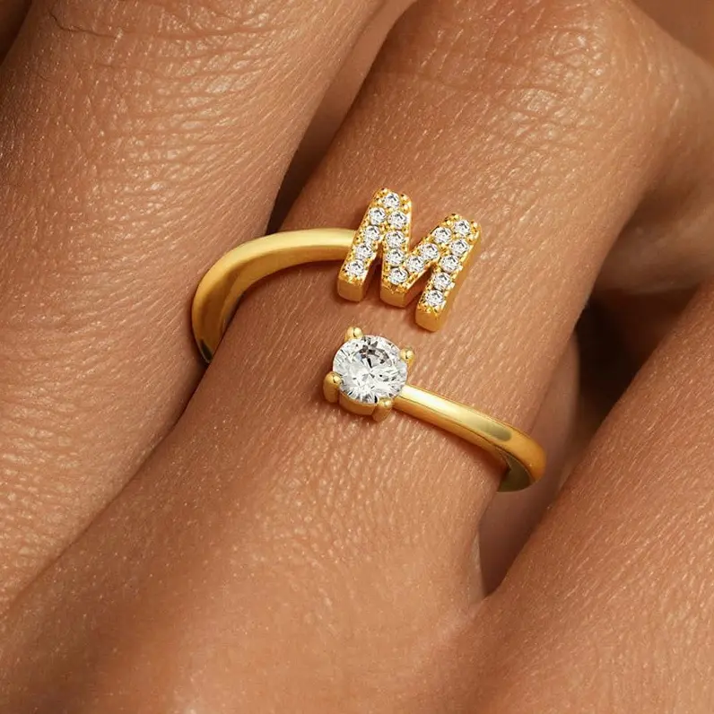 14K Gold Plated Adjustable Letter Rings, Dainty Gold Ring Inlaid Shiny Cubic Zirconia  Trendy Stuff Non Tarnish Couple Ring, Birthday Gifts CZ Initial Ring Chic Stackable Ring Festivals, Birthdays, and Special Occasions