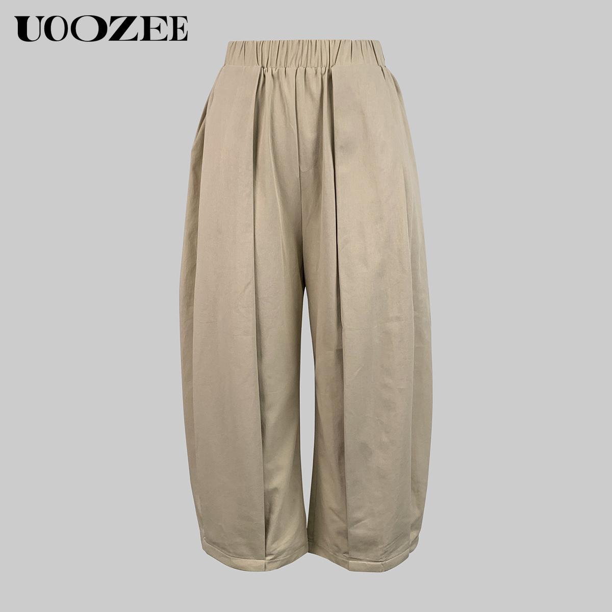 UOOZEE Women's Loose Solid Color Capri-Pants Cropped Trousers, 100% Cotton Summer Comfortable Breathable Fabric, Daily Versatile Elastic Waistband Lantern Pants with Pockets (Fits Larger at Waist - Check Size Guide or Order One Size Down)