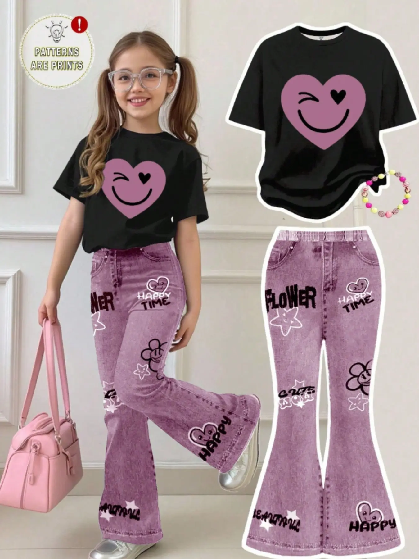 Girls' Heart Smile Short Sleeve Jeans Set, Sweet Cool Graffiti Style, T-Shirt, Heart Print, Graduated Denim Flare Pants