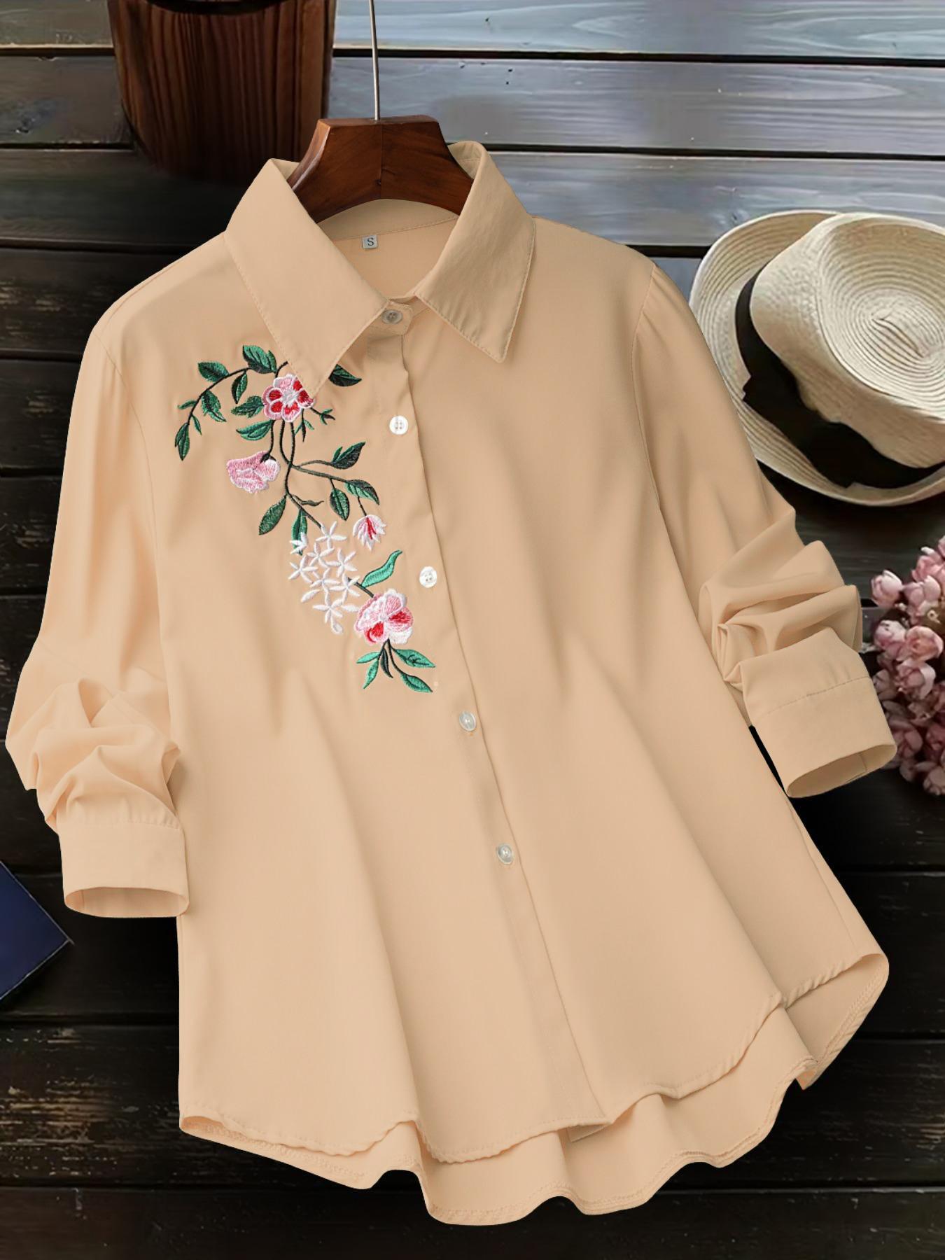 Women's Floral Embroidery Plicated Button Front Shirt, Fashion Casual Long Sleeve Collared Top for Daily Outdoor Wear, Ladies Clothes for Spring, Womenswear