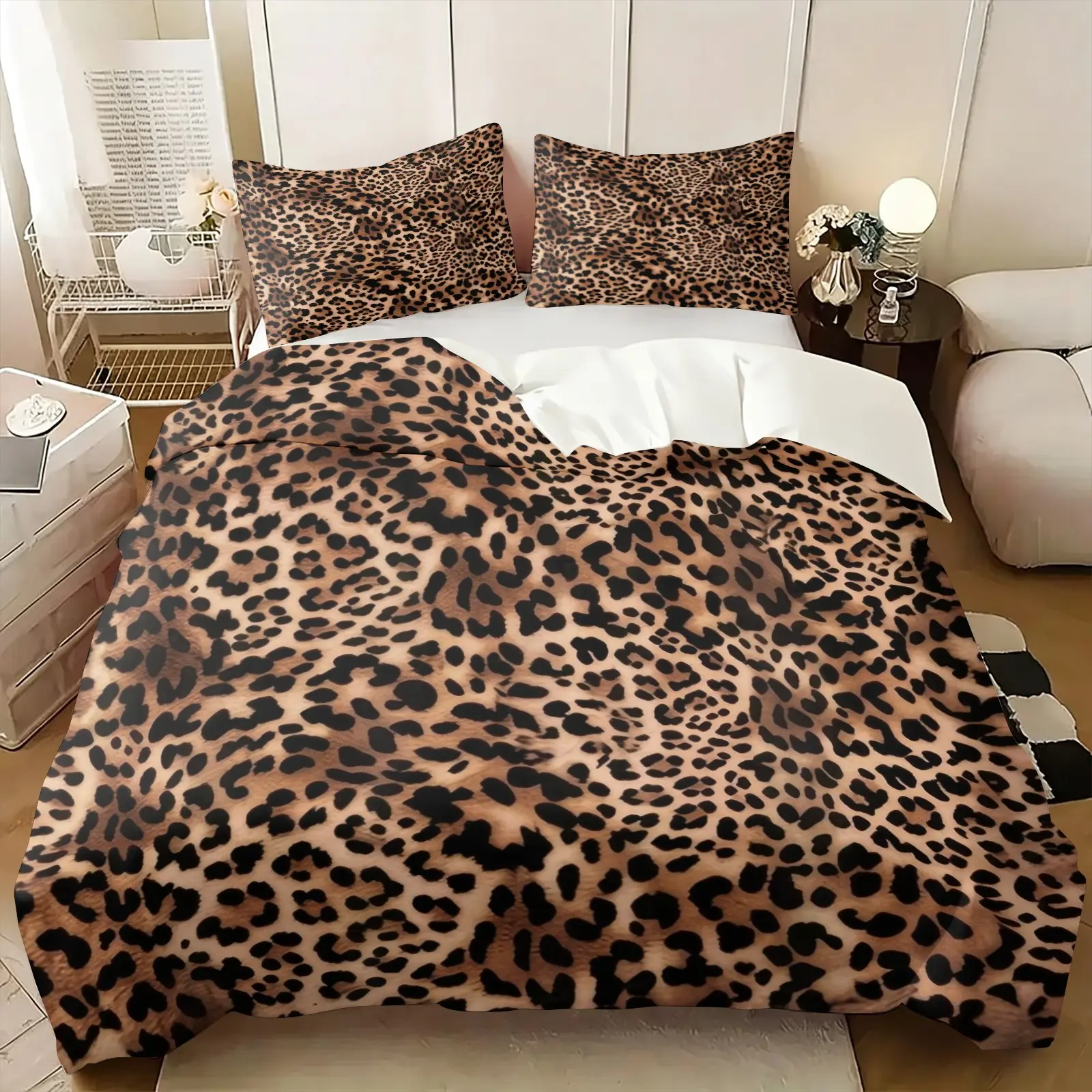 Vintage Brown Animal Spot Duvet Cover Set, Include 1 Quilt Cover and 1/2 Pillowcases, Fashion Animal Pattern Comforter Cover, Classic Leopard Print Fashion Bedding, Soft Skin-friendly, All Seasons Use, Decorative Bedding Set