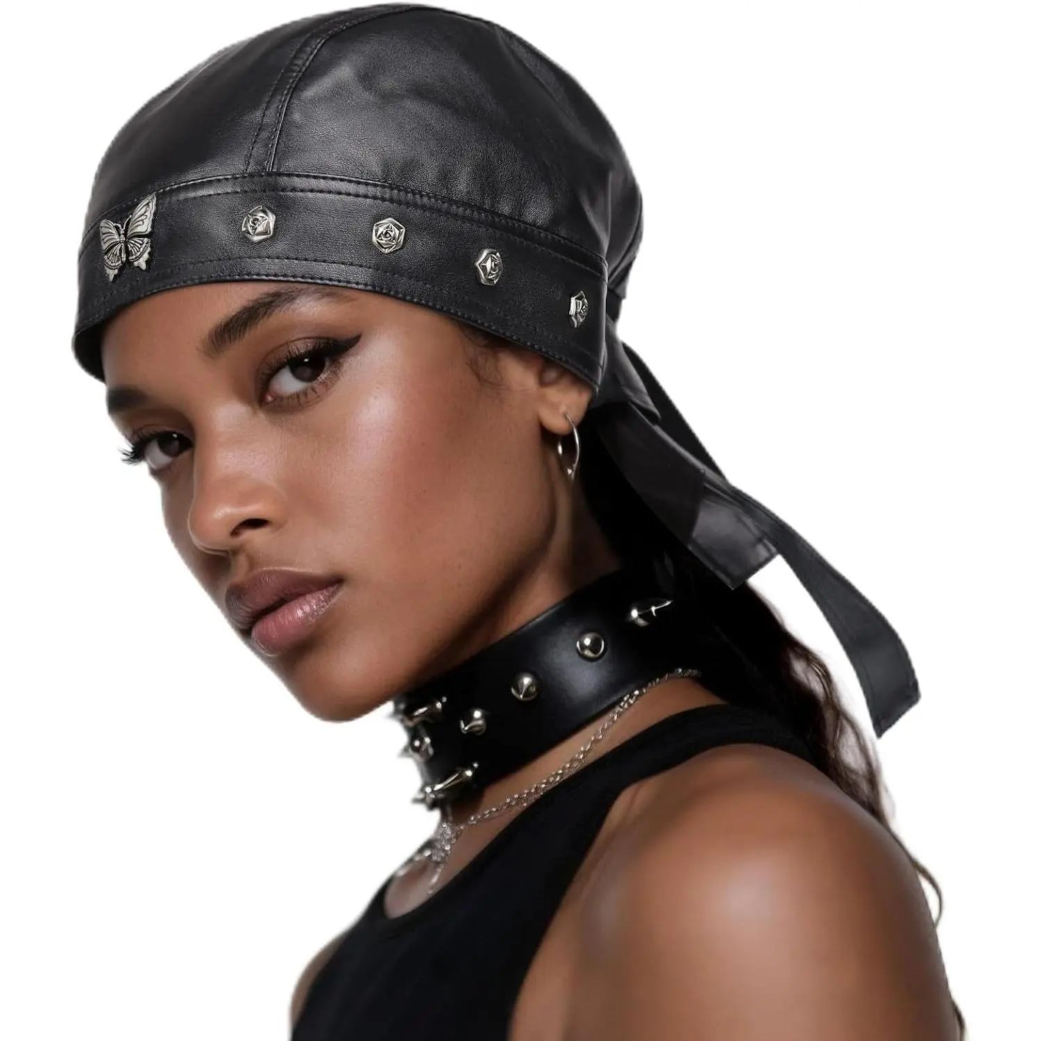 Adjustable Leather Biker Skull Cap for Women Black Bandana Head Wrap Doo Rag for Motorcycle Cycling