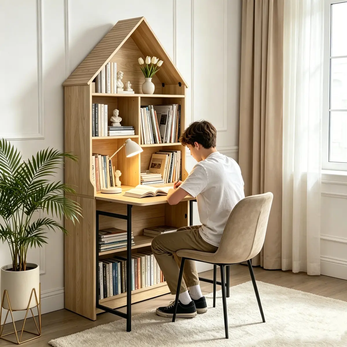 Folding Craft Desk with Storage Shelves, Convertible Hideaway Desk to Bookshelf, Foldable Desk with Storage, Disappearing Desk for Small Spaces, Multifunctional Converted Craft Table, Vanity Desk