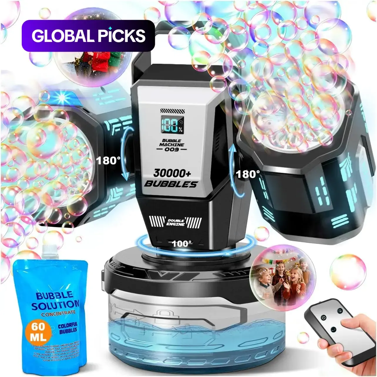 Dual-Head Rechargeable Bubble Machine with RGB Light and Remote Control, 360° Rotating High Multi-Bubble Output, 30,000 Bubbles/Minute, Multifunction Bubble Maker and Blower for Weddings, Parties and Outdoor Activities