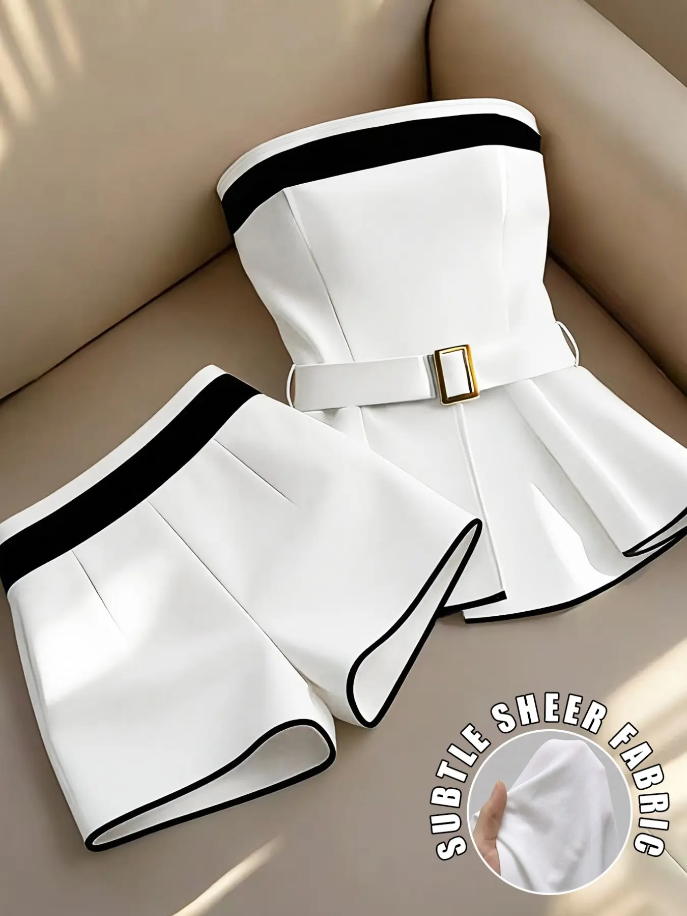 Women's Elegant Minimalist Black and White Colorblock Sheer Top & Crop Shorts Set for Office & Daily Wear, Casual Summer Co-Ord Set