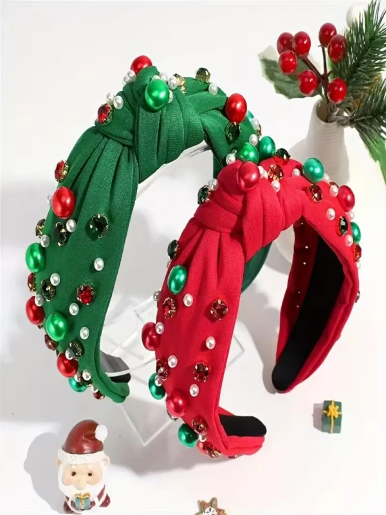 Trendy Christmas Fashion Wide Band Pearl Rhinestone Headband, Versatile Handmade Drilled Bead Colorblock Knot Party Headband