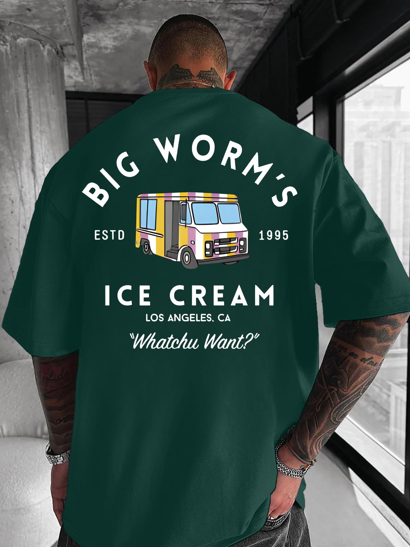 Men's Cartoon Ice Cream Truck & Letter Print Round Neck Tee, Loose Street Fashion Casual Short Sleeve T-shirt for Daily Wear, Men's Clothes for All Seasons, Casual Fit Streetwear