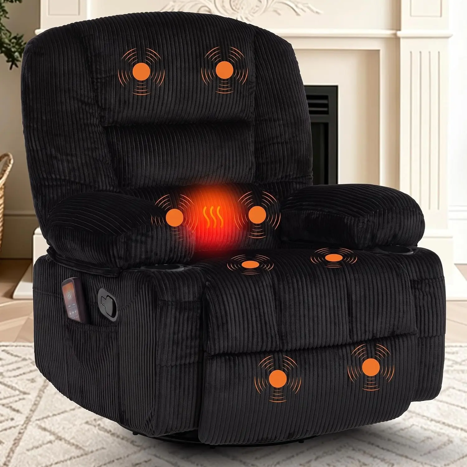 Oversized Recliner Chair w/Massage and Heat Corduroy Swivel Glider | for Adults Wide 360° Rocker with Cup Holder side pockets Hidden Storage Upholstered Deep Seat Corduroy Comfy for Living Room
