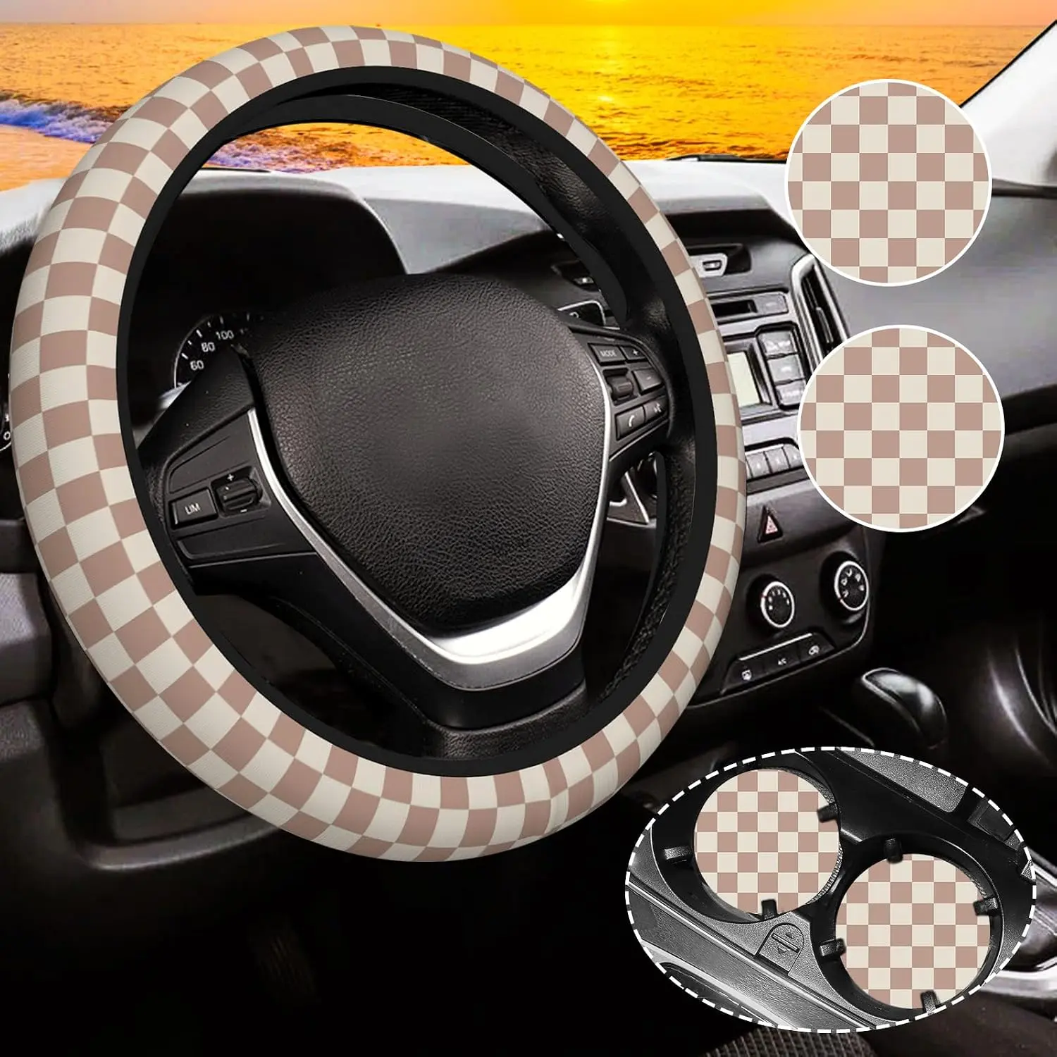 Khaki Checkered Steering Wheel Cover for Women, Auto Steering Wheel 14-15 Inch  Interior Accessories with 2 count  Coasters,Suitable for Men and Women, One Size