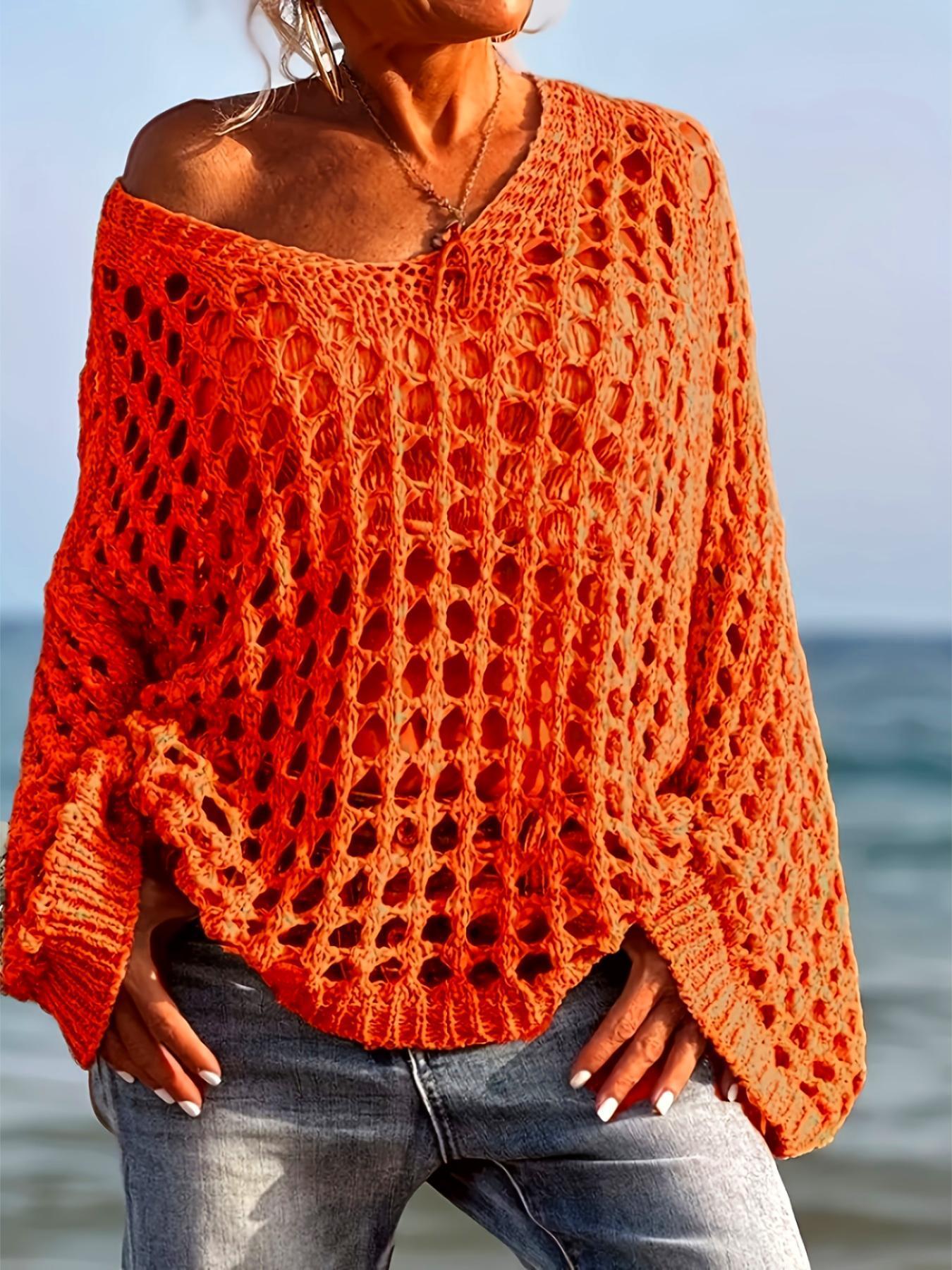 Women's Casual Everyday Loose-Fit V Neck Top, Hollow Out Design, Polyester Knit Fabric, Hand Washable, All Season Wear, Knitwear, Summer