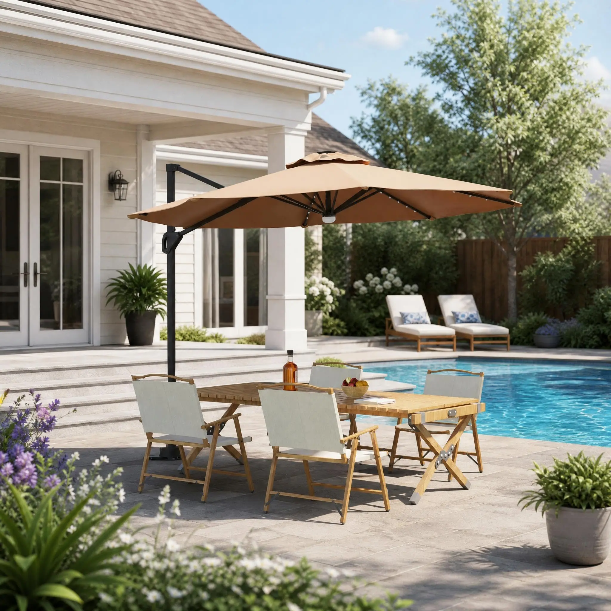 【GARVEE】10 ft Cantilever Umbrella – Outdoor Patio Umbrella with Solar LED, Base Included – Market Offset Umbrella Sun Shade, Windproof, 360-Degree Rotation – for Patio, Garden, Deck, Pool – Tan