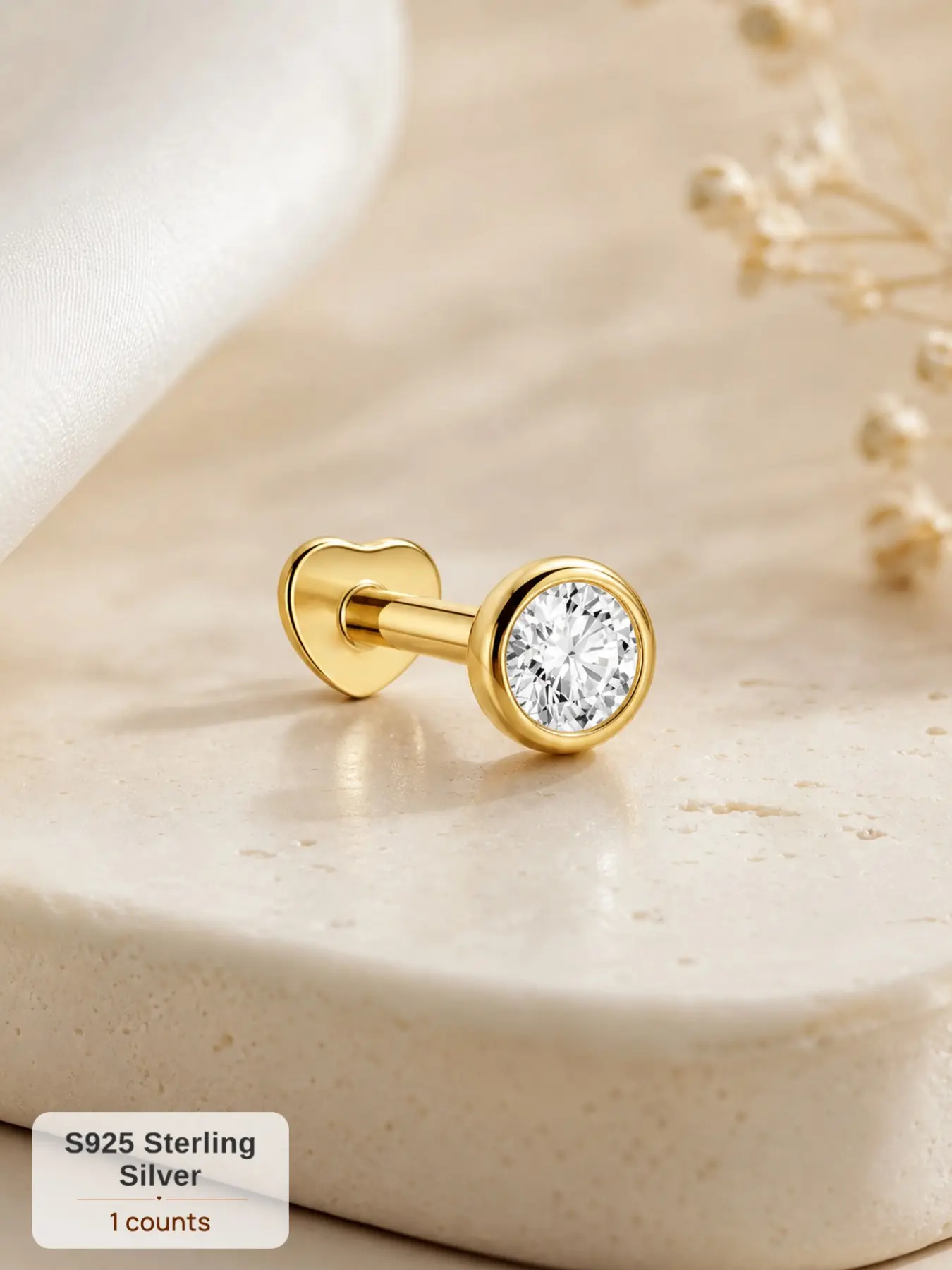 1Pc Bezel Heart CZ Flat Back Piercing Stud, Waterproof S925 Silver Earring, Non-Tarnish Hypoallergenic Y2K Bling Rhinestone Accessories, Tarnish Free Curated Ear Cartilage Helix Bridal Wedding Party, Artificial Zirconia Earrings