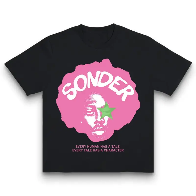 Menswear Bold Pink "Sonder" Lettering & Geometric Print Tshirt, Casual Round Neck Short-Sleeve Top, 50% Cotton 180G Soft Comfortable Streetwear, Made In USA