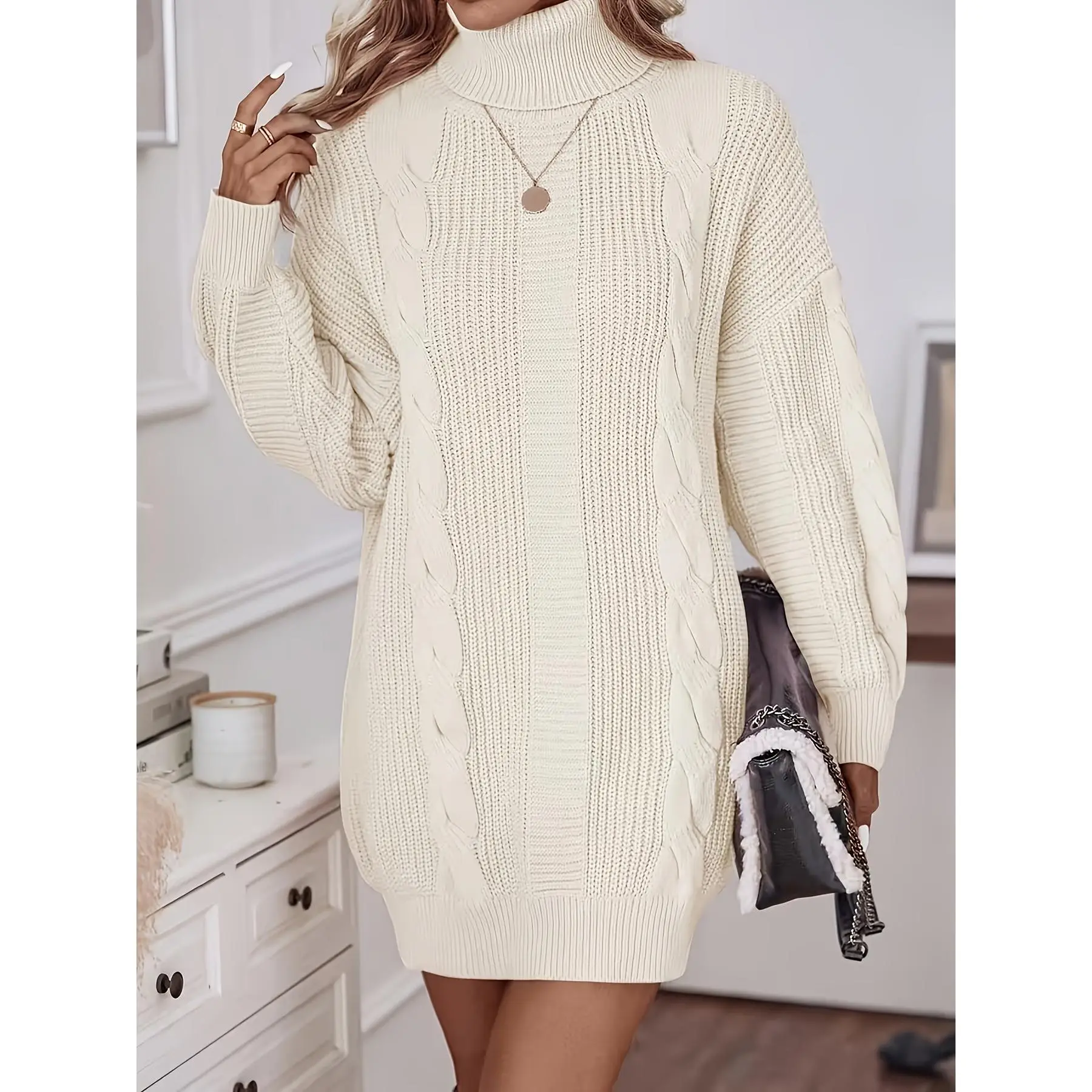 Women's Casual Cable Knit Turtleneck Sweater Dress Oversized Drop Shoulder Loose Fit Midthigh Length Cozy Warm Winter Fashion Daily Wear Weekend Outing Travel Lounge Wear
