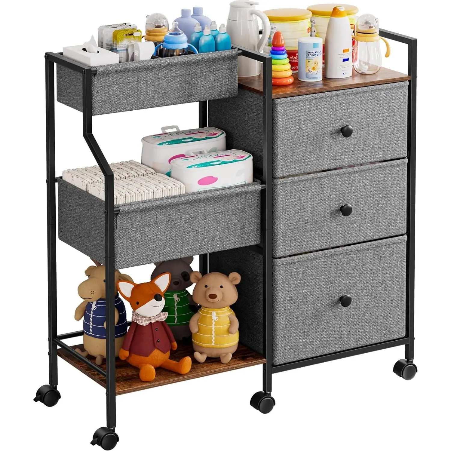 Baby Diaper Caddy Organizer Cart - 3 Tier Rolling Cart with Dividers and Drawers, Easy To Assemble, Mobile Utility Cart with Wheels for Nursery, Bedroom, Changing Table & Crib