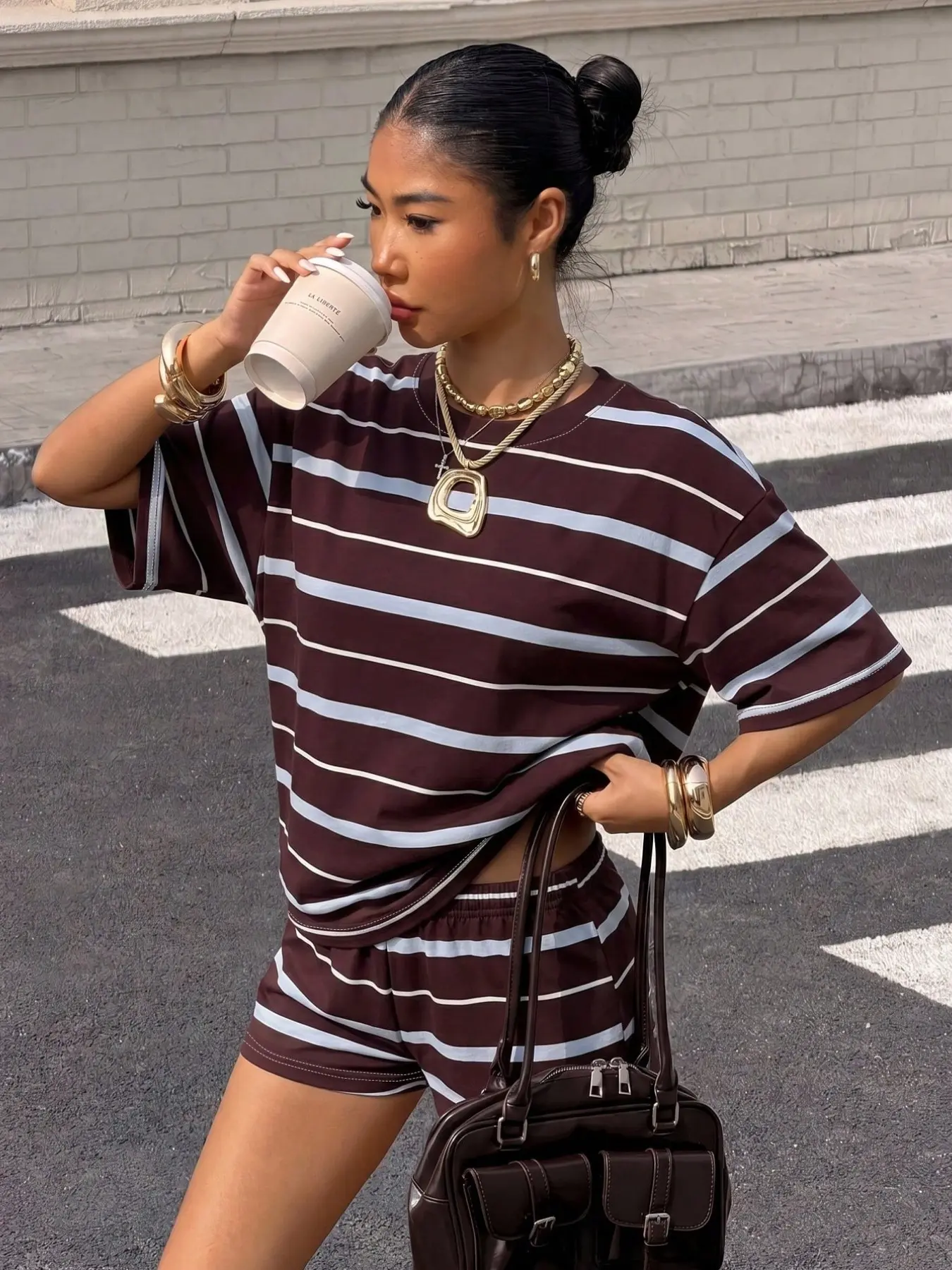 Women Two Piece Loungewear Set, Multi Tone Striped Tee & Mini Shorts, Soft Stretch, Casual Streetwear, Home, Comfortable Daily Wear